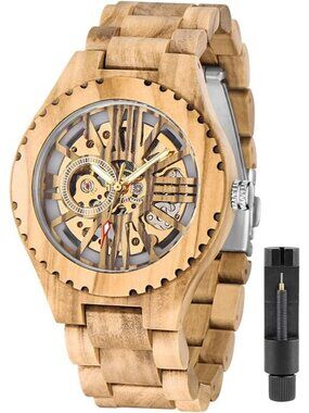 Men's Beige Analog Quartz No Battery Fashion Mechanical Movement Wooden Watch